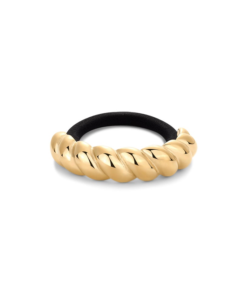 بافوا ربطة شعر معدنية سميكة على شكل كرواسون مطلية بالذهب الأصفر عيار 14 قيراطًا من بافوي، مقاومة للماء، للنساء - ربطة شعر أنيقة من الفولاذ المقاوم للصدأ - ربطات شعر ذهبية مطاطية ملتوية لذيل الحصان - Image 3